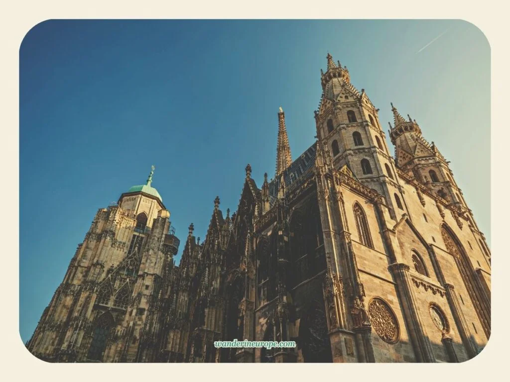 The view of the north tower of Saint Stephen's Cahtedral with its north and west facades, Vienna, Austria