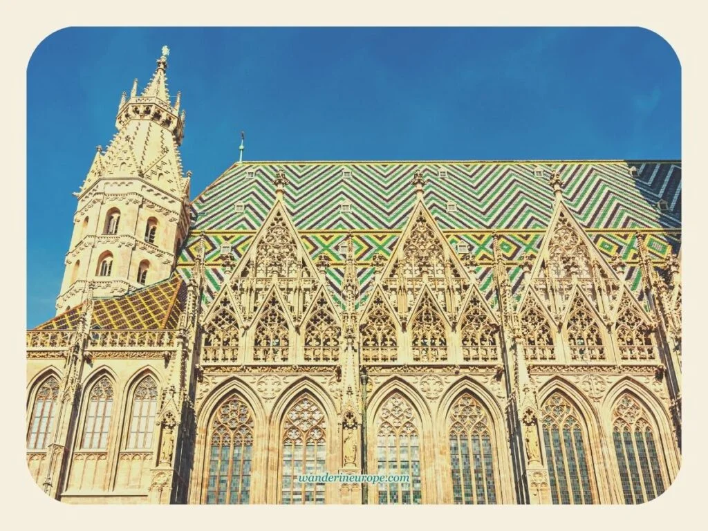 The zigzag design of the roof of Saint Stephen’s Cathedral, Vienna, Austria