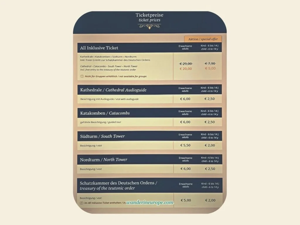 Ticket prices to other parts of Saint Stephen’s Cathedral, Vienna, Austria