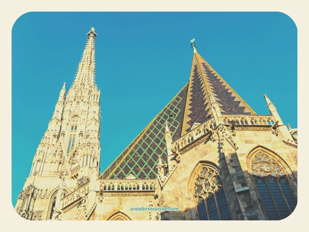 View of the south tower of Saint Stephen’s Cathedral from the back of the church, Vienna, Austria