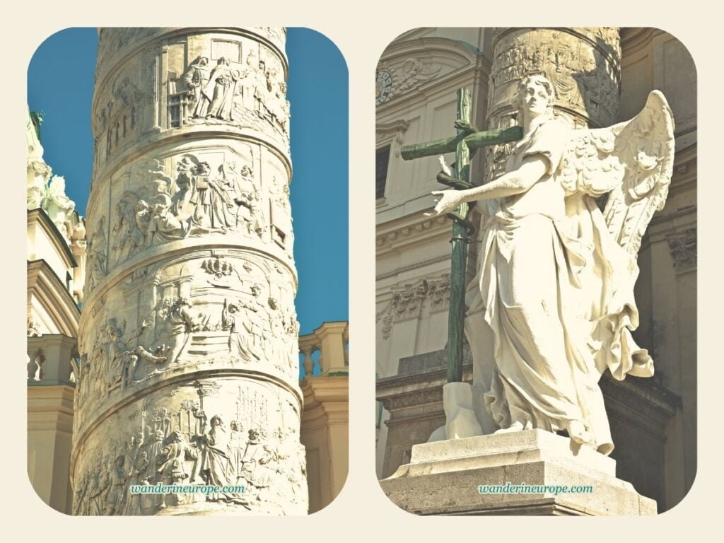 All You Need to Know Before You Visit Karlskirche in Vienna 14 A closer look to a column of Karlskirche and to the angel statue below it, Vienna, Austria