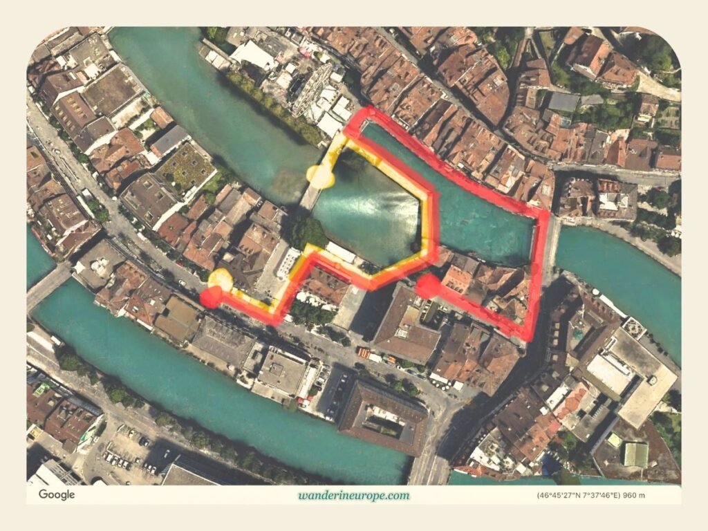 Thun Old Town DIY Walking Tour (with a Map, Route, and Tips) 48 Bälliz shopping district to Schleuse Brücke (yellow = spots for watching the surfers; red = route for some photo opportunities)