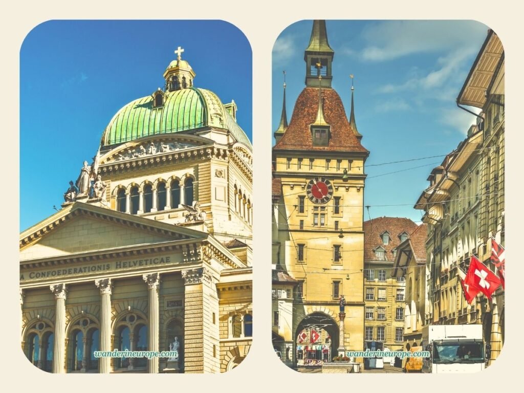 Two Days in Bern Itinerary: Old City, Gurten, & Museums 7 Bundeshaus (left) and Käfigturm (right), tourist attractions for 2-day trip to Bern, Switzerland