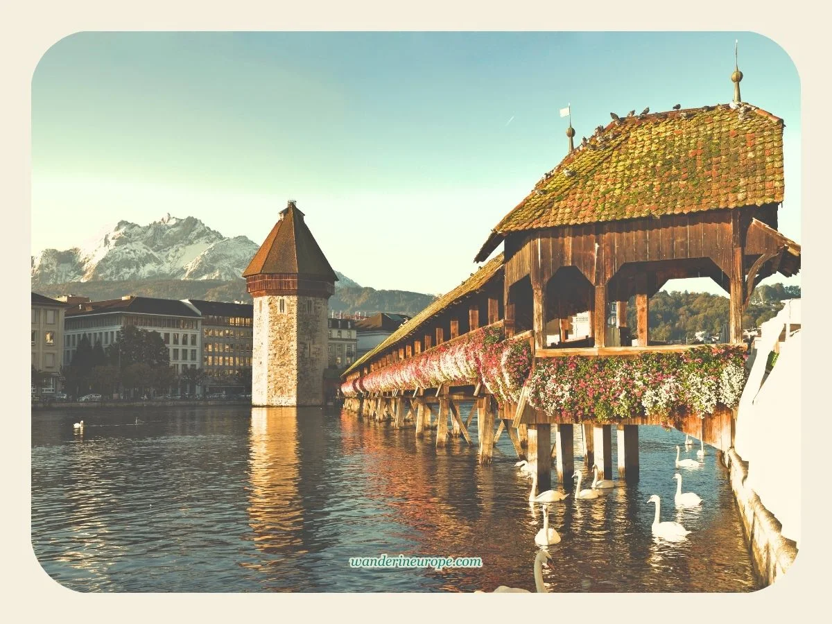 Chapel Bridge during the golden hour in Lucerne, Switzerland