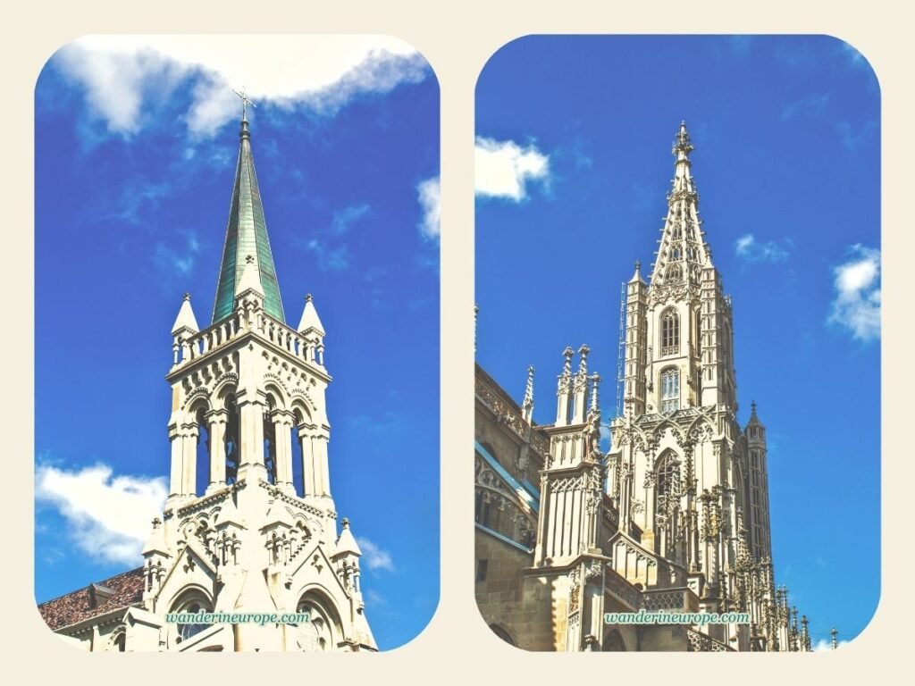 Two Days in Bern Itinerary: Old City, Gurten, & Museums 11 Church of Saint Peter and Paul (left), Bern Cathedral (right), tourist attractions for 2-day trip to Bern, Switzerland