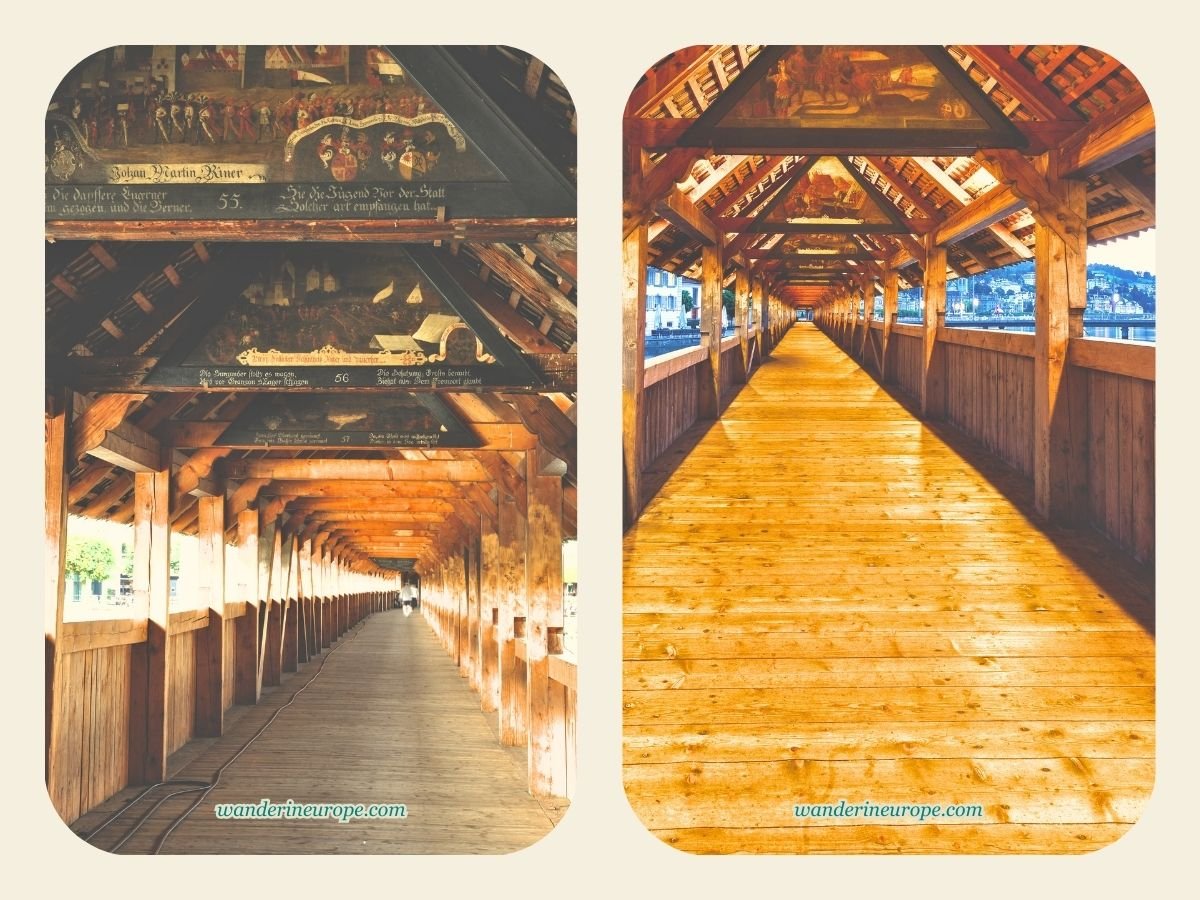 Day and night view inside Chapel Bridge in Lucerne, Switzerland