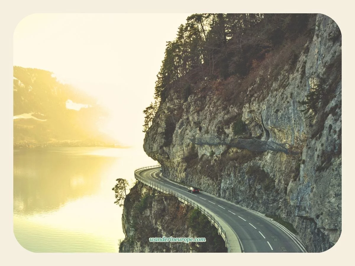 Dramatic morning scene along the roads over Lake Thun, Switzerland