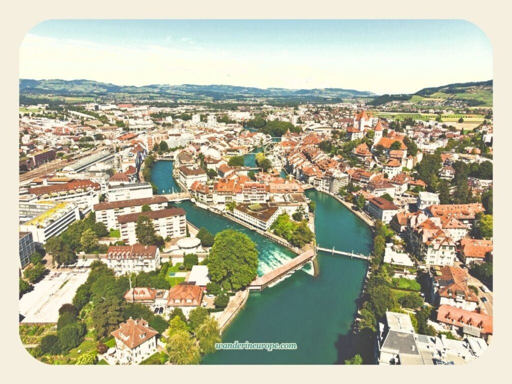 How to Spend One Day in Thun (an Easy Day Trip Itinerary) 17 Drone shot of Balliz (island) in Thun, Switzerland