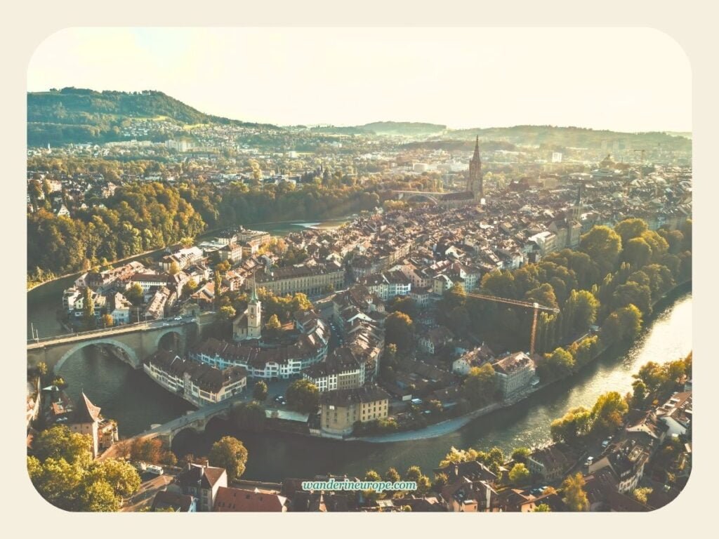 Two Days in Bern Itinerary: Old City, Gurten, & Museums 13 Drone shot of the old city of Bern, Switzerland