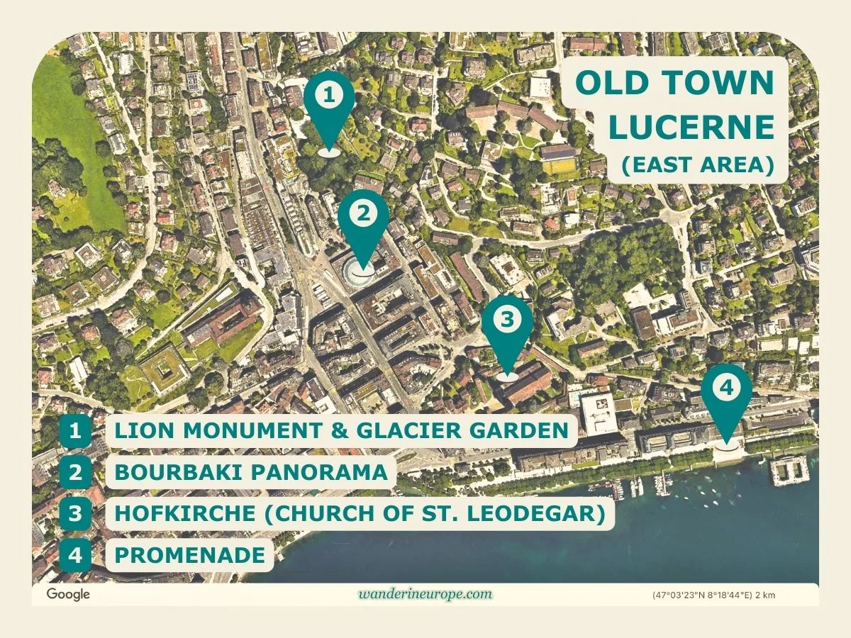 Old Town Lucerne Map (with Info of Attractions & Landmarks) 22 East Area - Map of Old Town Lucerne, Switzerland