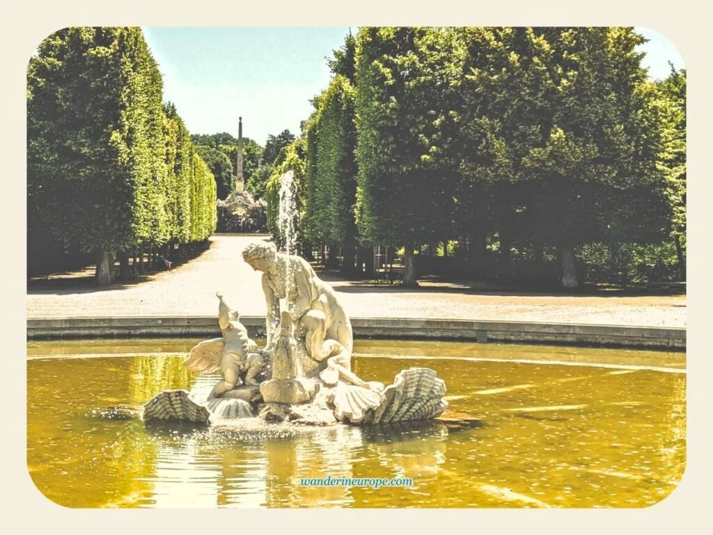 Eastern Naiad Fountain with Obelisk Fountain in the backdrop, eight photo spot in Schönbrunn Palace, Vienna, Austria