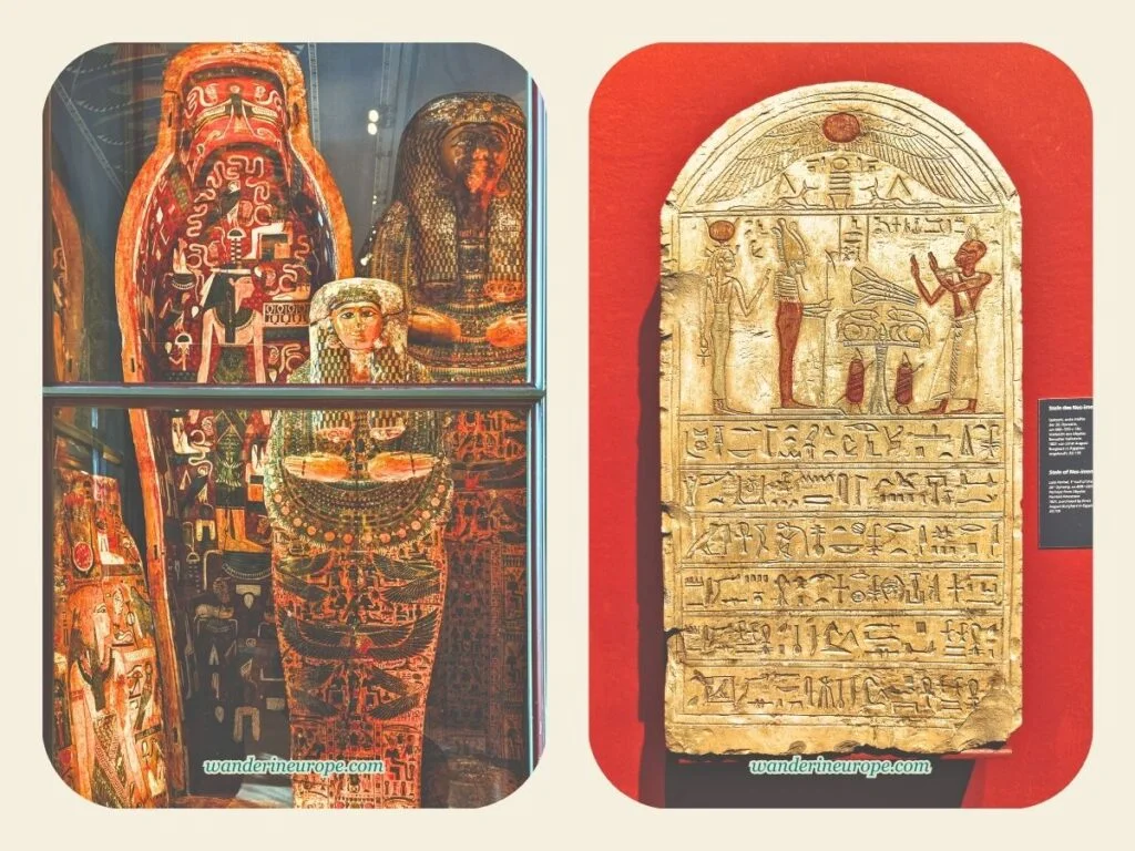 Egyptian sarcophagus and tablet, both with intricate design and details, inside the antiquities section of Kunsthistorisches Museum, Vienna, Austria