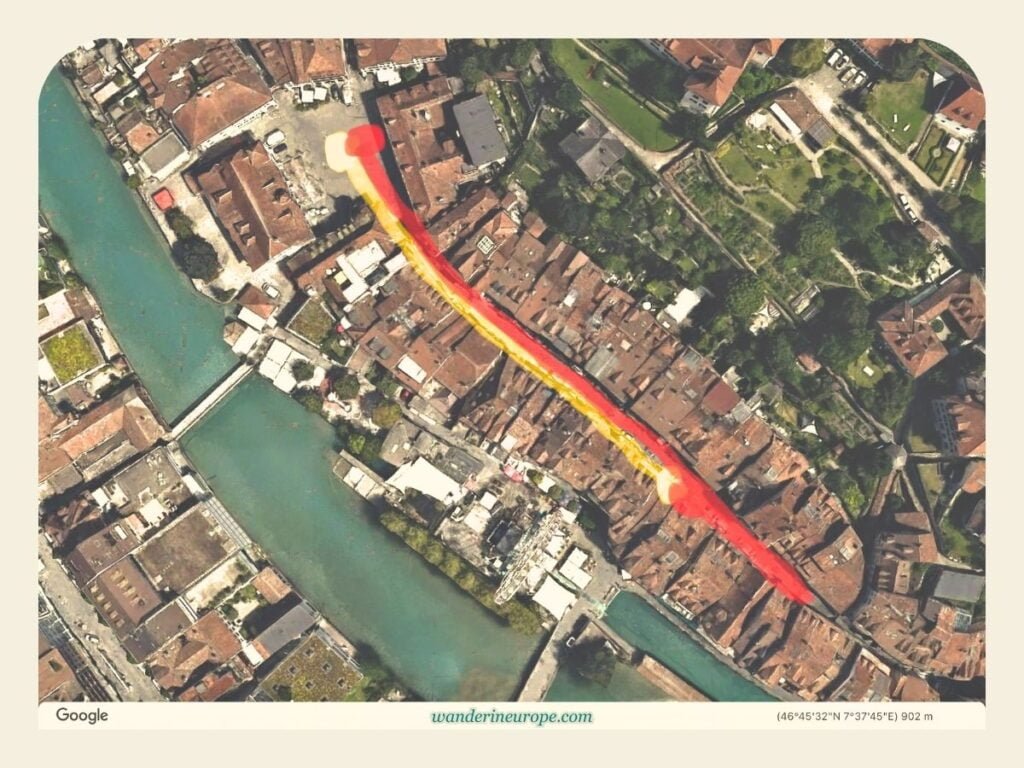 Thun Old Town DIY Walking Tour (with a Map, Route, and Tips) 36 From Rathausplatz to Mühle Lock in Obere Hauptgasse (yellow = short stroll in Obere Hauptgasse; red = route to see all parts of Obere Hauptgasse)
