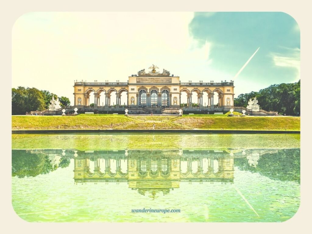 Gloriette as seen from the pond in front of it, fifth photo spot of Schönbrunn Palace, Vienna, Austria