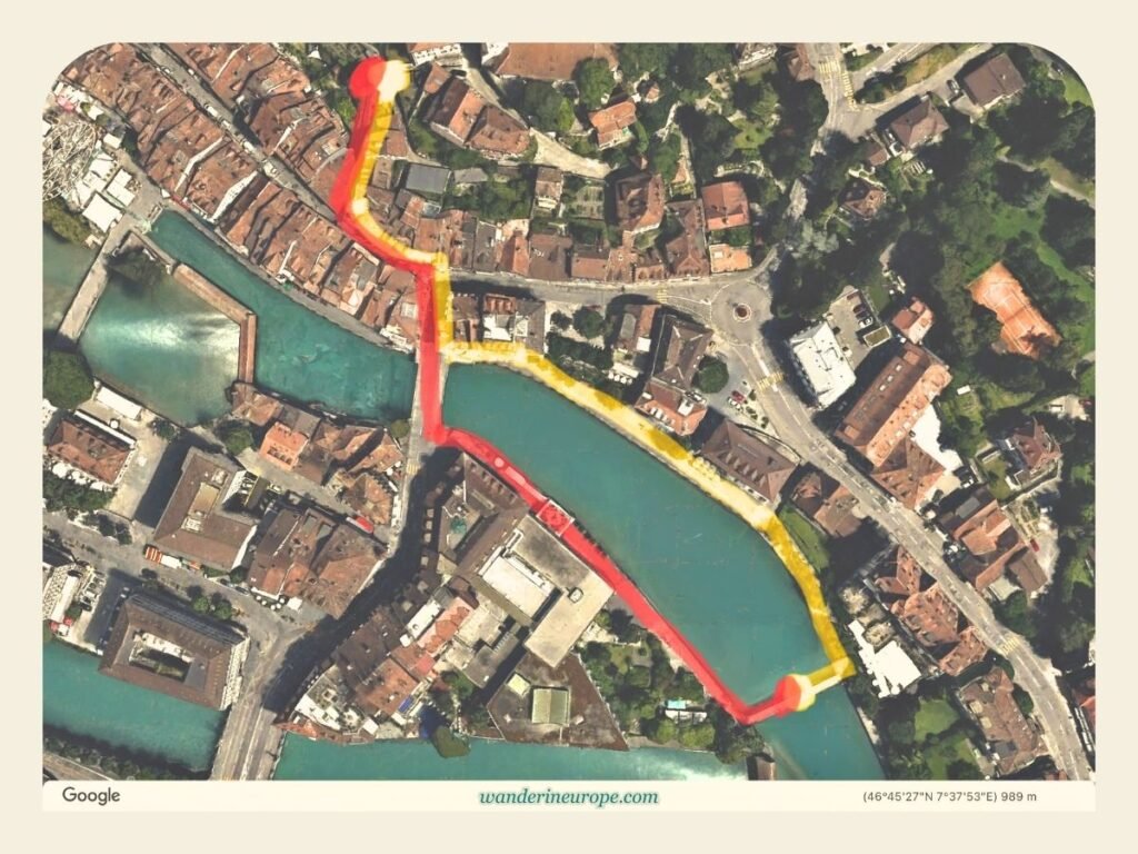 Thun Old Town DIY Walking Tour (with a Map, Route, and Tips) 14 Göttibachsteg bridge to Kirchtreppe (yellow = scenic route; red = alternative route)