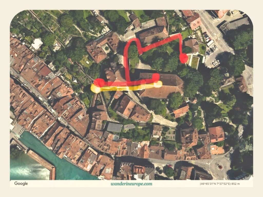 Thun Old Town DIY Walking Tour (with a Map, Route, and Tips) 18 Kirchtreppe to Stadtkirche Thun (yellow = shortest path; red = path to see the pavilion beside Stadtkirche Thun)