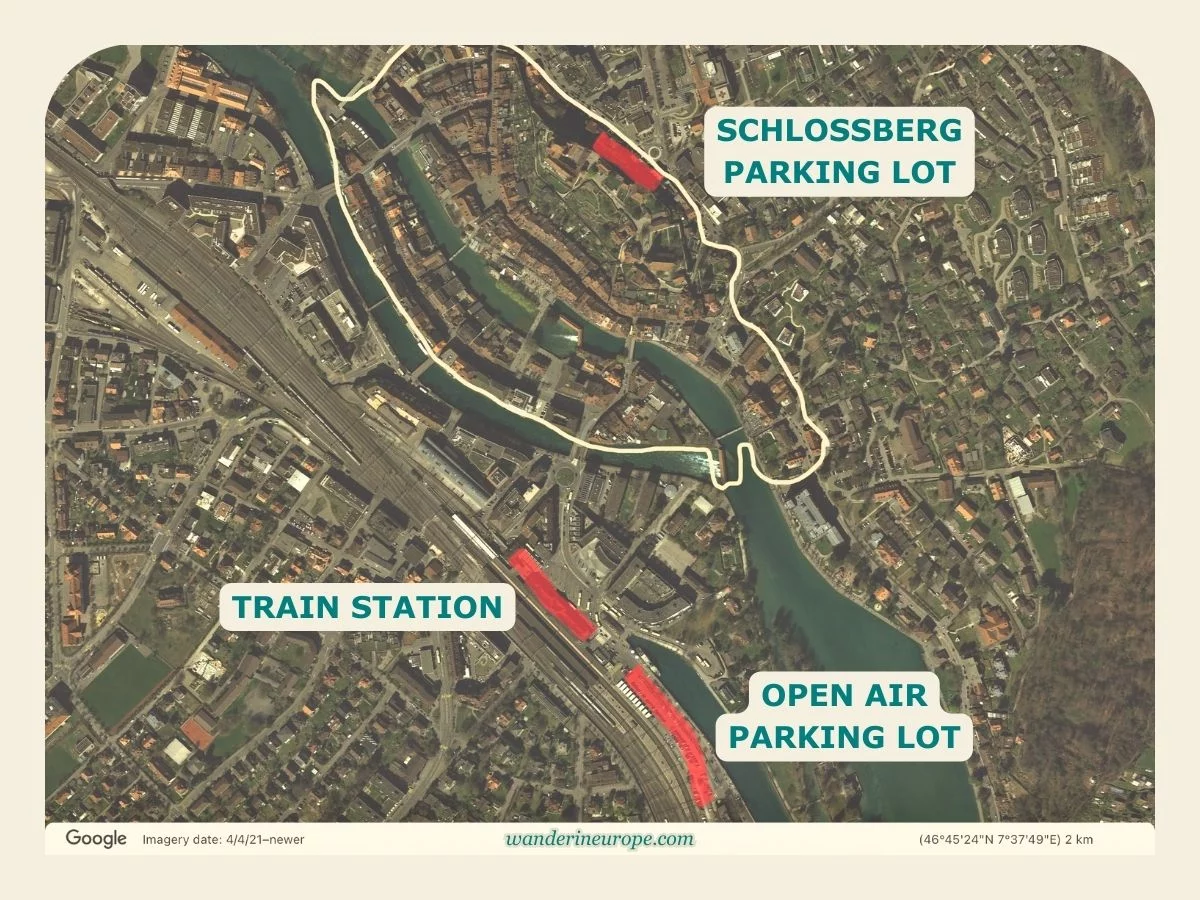 How to Spend One Day in Thun (an Easy Day Trip Itinerary) 5 Location of train station and parking lots in Thun, Switzerland