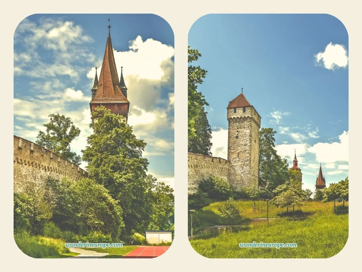 Luegisland Tower (left) and view of Museggmauer Weg (right) of Musegg Wall in Lucerne, Switzerland