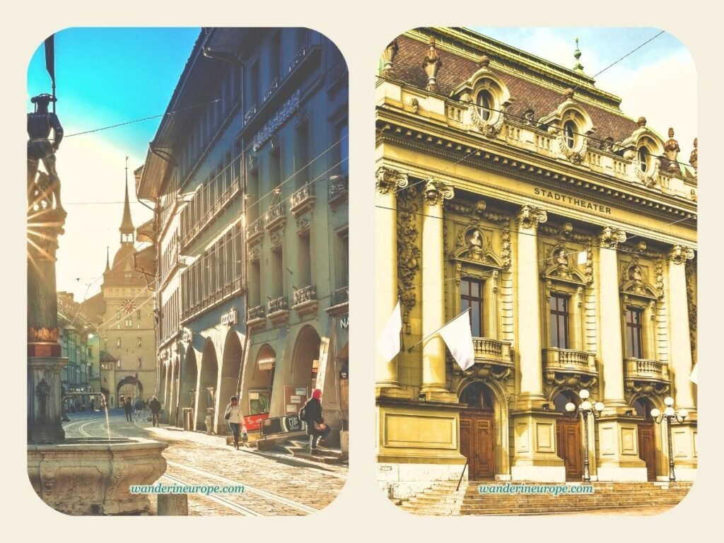 Two Days in Bern Itinerary: Old City, Gurten, & Museums 8 MArktgasse (left), Stadttheater in Kornhausplatz (right), tourist attractions for 2-day trip to Bern, Switzerland
