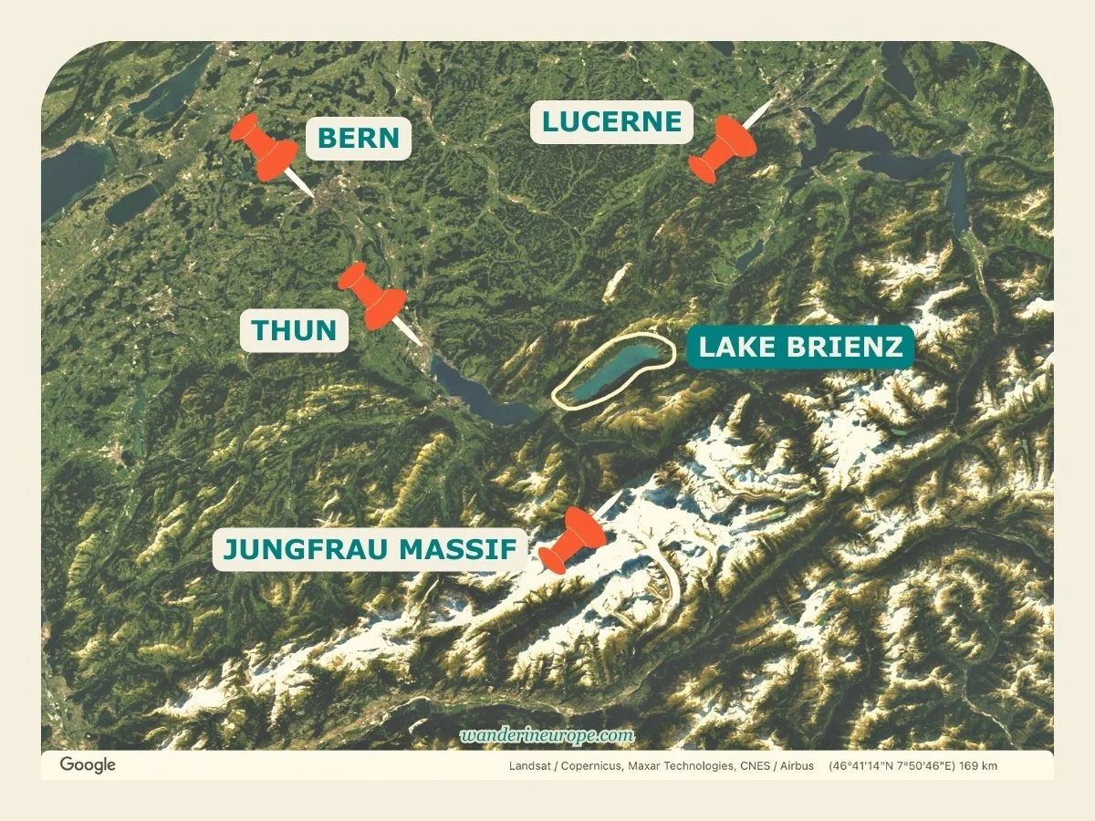 Map of Bernese Oberland and exact location of Lake Brienz, Jungfrau Region, Switzerland