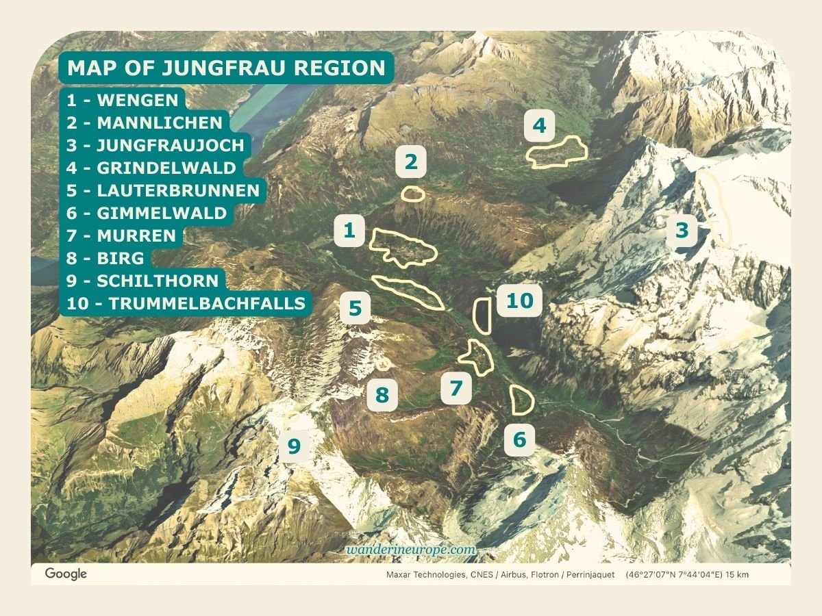 Map of Wengen and the different tourist attractions in the Jungfrau Region, Switzerland