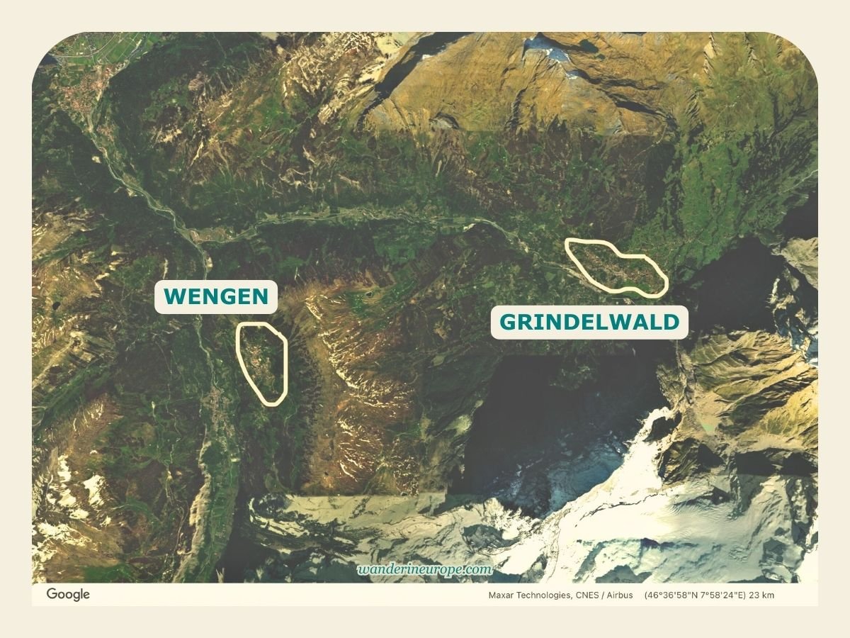 Map of the Jungfrau Region showing the location of Wengen and Grindelwald, Switzerland