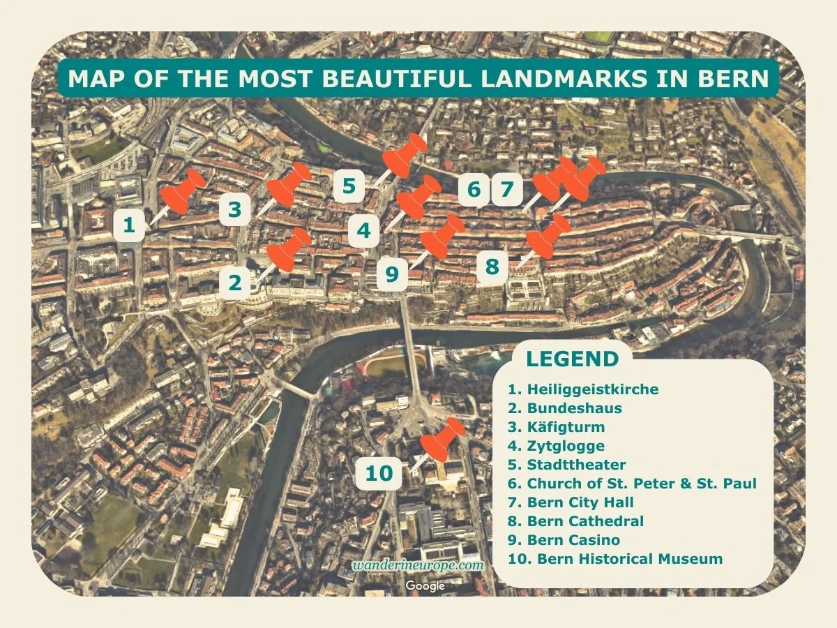The 10 Beautiful Landmarks of Bern (Free DIY Walking Tour) 2 Map of the most beautiful landmarks in Bern