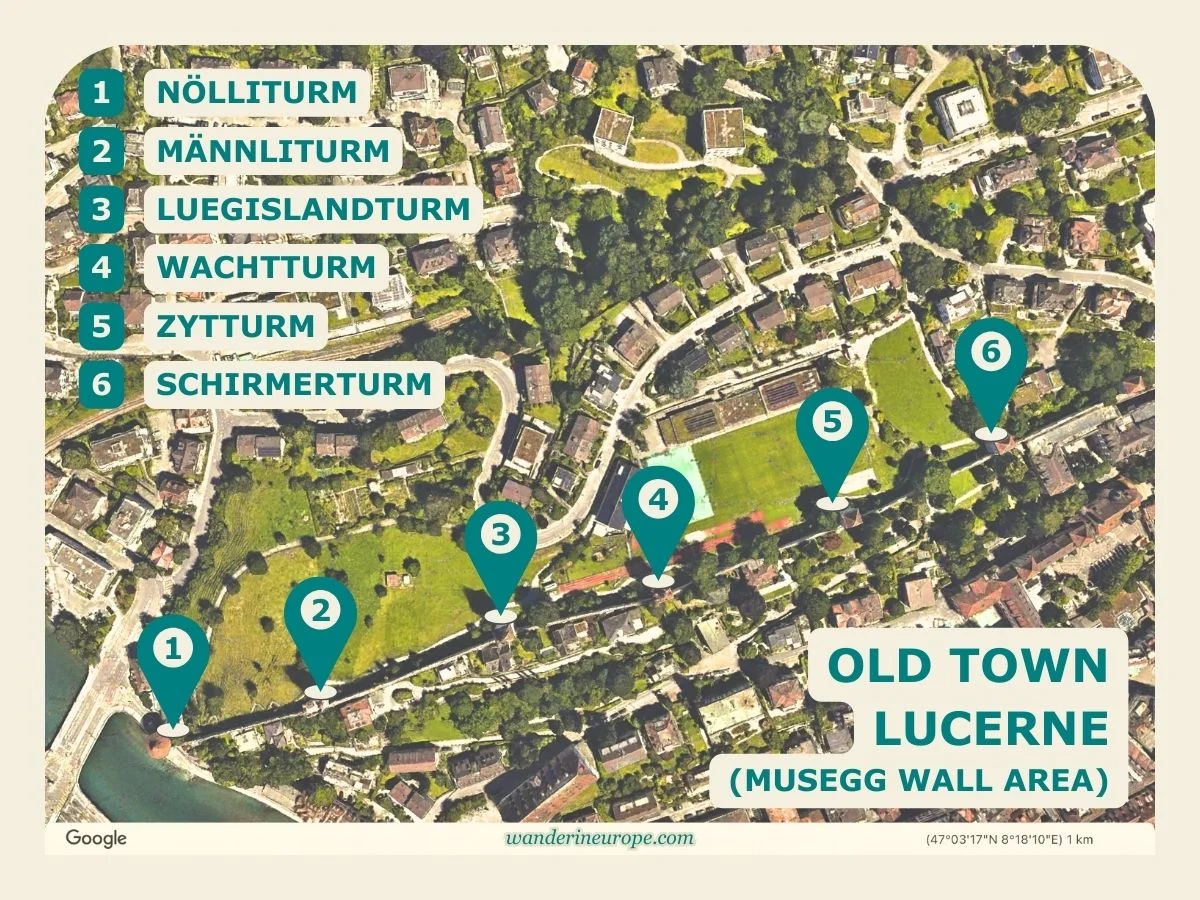 Old Town Lucerne Map (with Info of Attractions & Landmarks) 15 Musegg Wall Area - Map of Old Town Lucerne, Switzerland