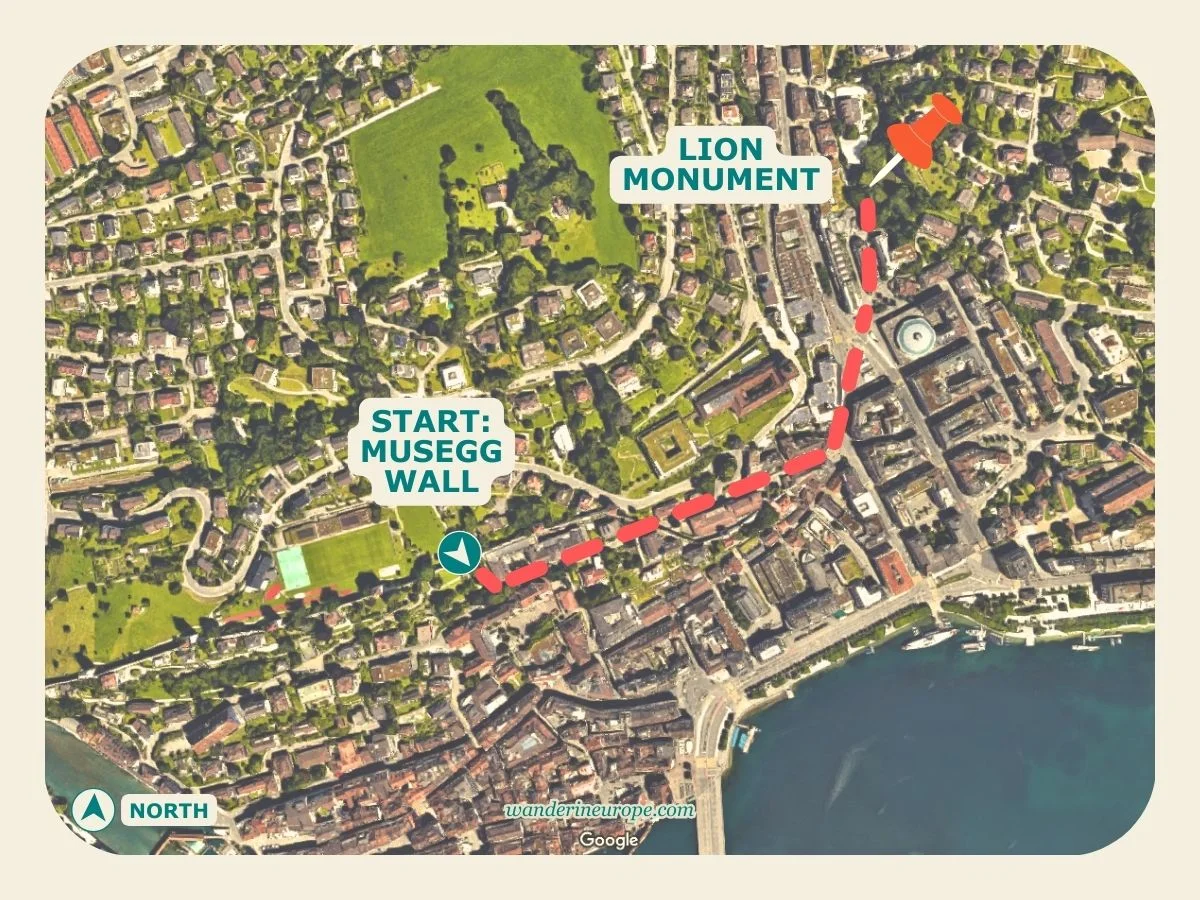Musegg Wall to Lion Monument, map and route in Lucerne, Switzerland