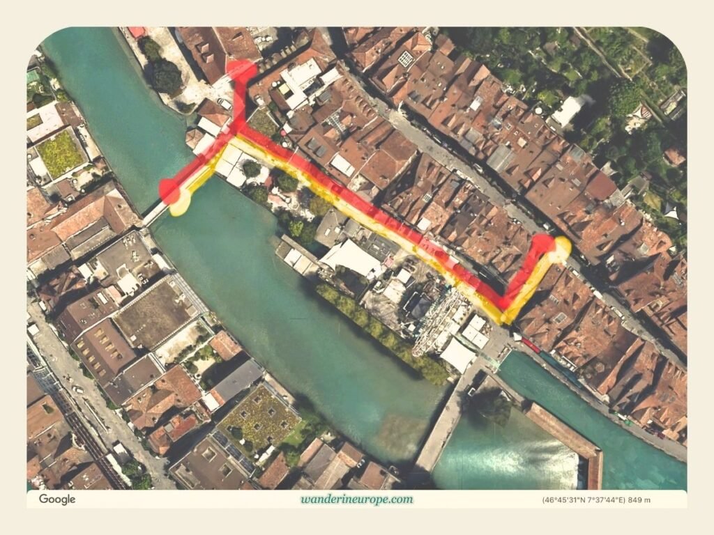 Thun Old Town DIY Walking Tour (with a Map, Route, and Tips) 41 Obere Hauptgasse to Bällizbrücke (yellow = direct path; red = with a side visit to Rathausquai)