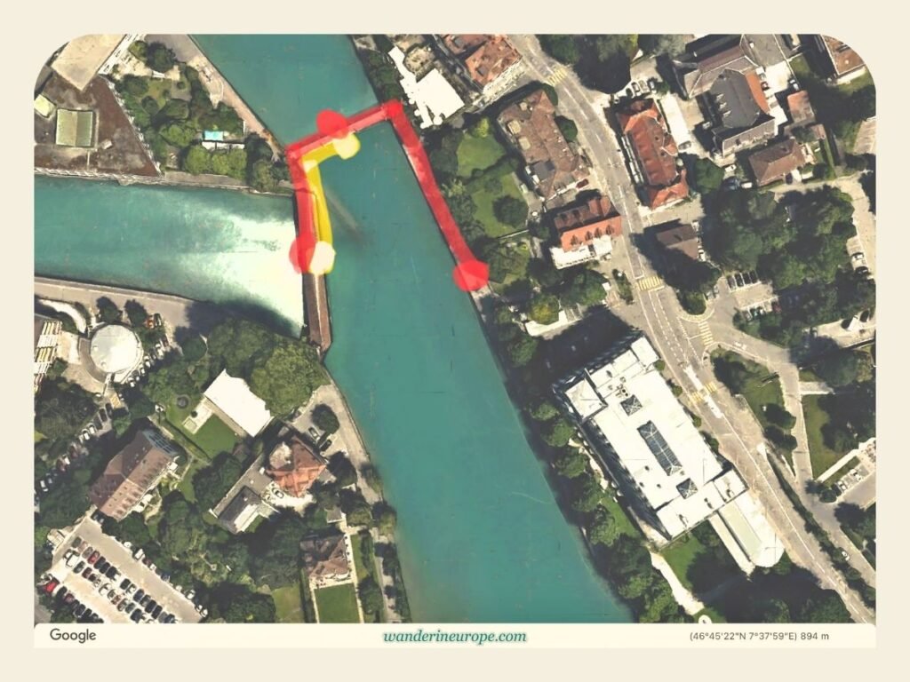 Thun Old Town DIY Walking Tour (with a Map, Route, and Tips) 9 Obere Schleuse Brücke to Göttibachsteg bridge (yellow = shortest path; red = Aarequai)