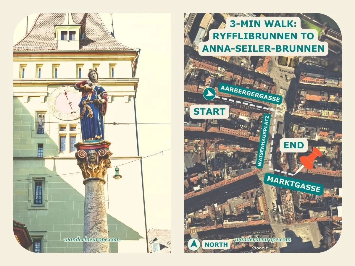 A Walking Route to The Beautiful Fountains of Bern Old City 3 Photo and exact location of Anna-Seiler-Brunnen in Bern Switzerland