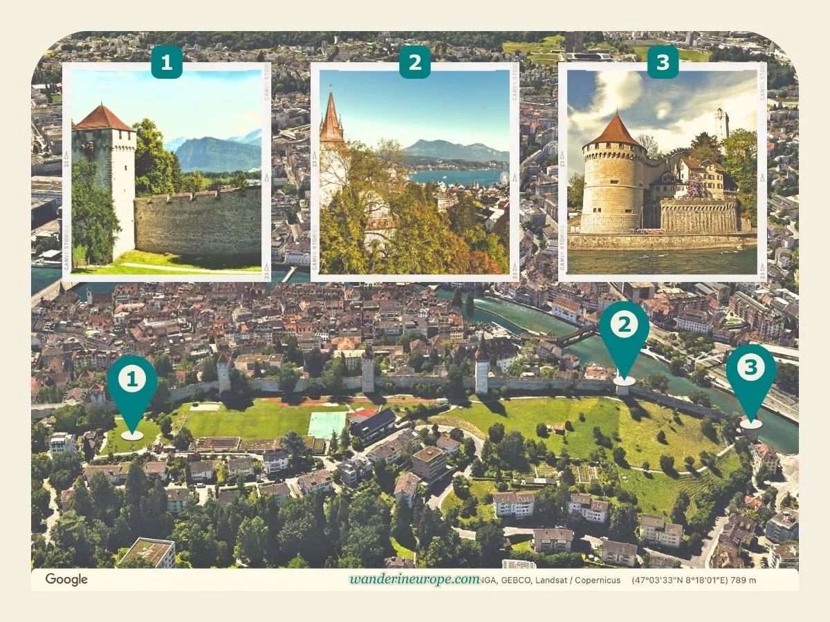 Old Town Lucerne Map (with Info of Attractions & Landmarks) 17 Photo spots in Musegg and old town Lucerne, Switzerland