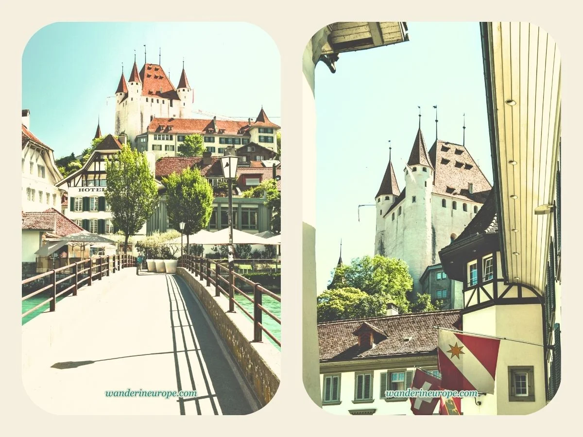 Picturesque views of Thun Castle from Bällizbrücke and Rathausquai in Thun, Switzerland