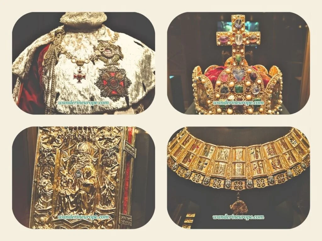 The Beautiful Sights and Experiences in Hofburg, Vienna 10 Precious robe of the emperor, another imperial crown, Charlemagne book, potence — more important treasures in the Imperial Treasury, Hofburg, Vienna, Austria