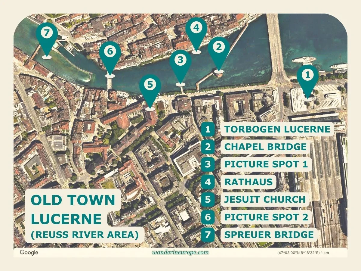 Old Town Lucerne Map (with Info of Attractions & Landmarks) 6 Reuss River Area - Map of Old Town Lucerne, Switzerland