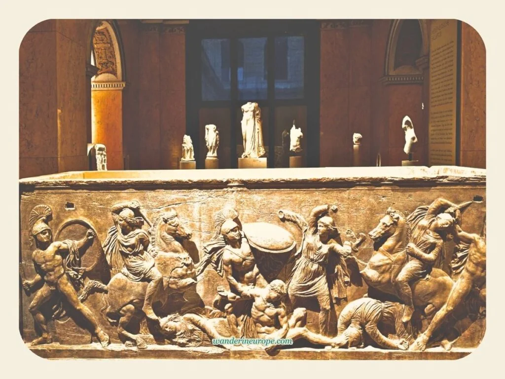 Roman and Greek sculptures and relief in the antiquities section of Kunsthistorisches Museum, Vienna, Austria