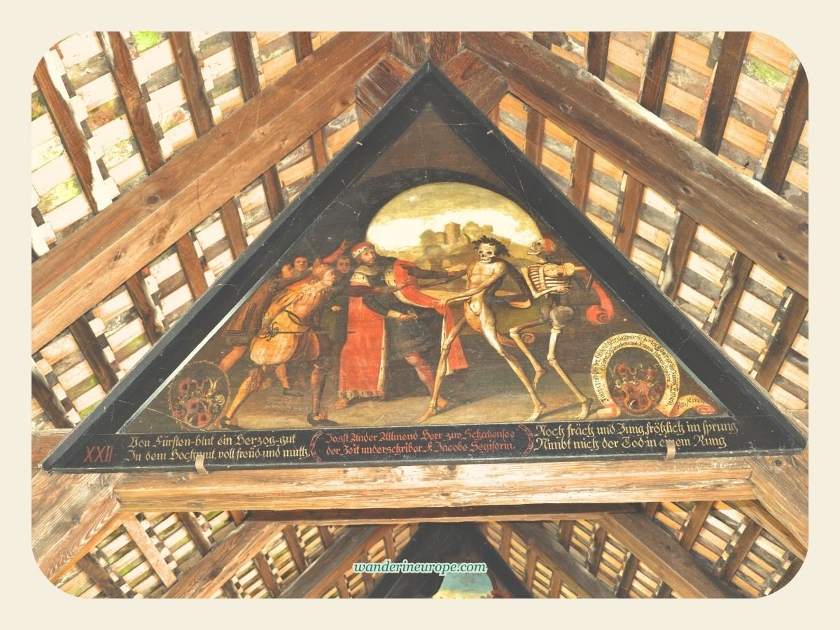 Skeletons clearly depicted in a Danse Macabre gable painting in Spreuer Bridge in Lucerne, Switzerland