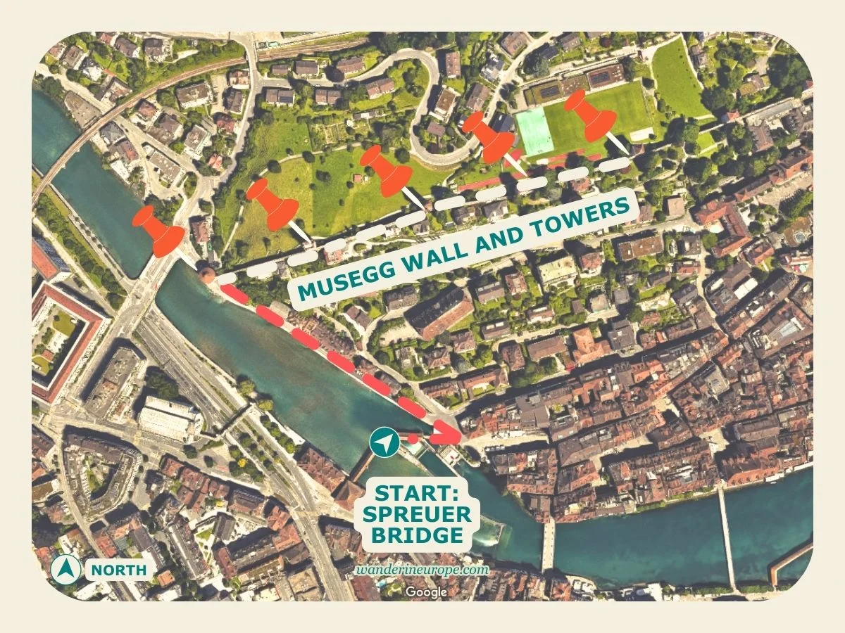 Spreuer Bridge To Musegg Wall, map and route in Lucerne, Switzerland
