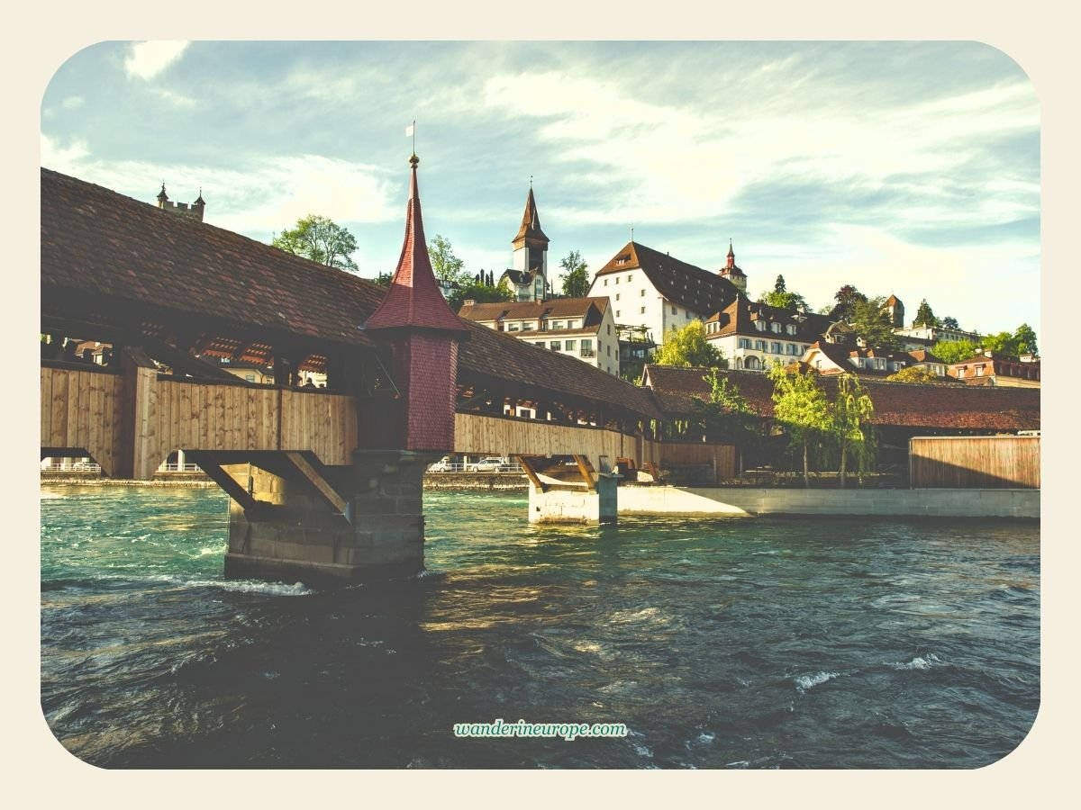 Spreuer Bridge and the towers of Musegg Wall in Lucerne, Switzerland