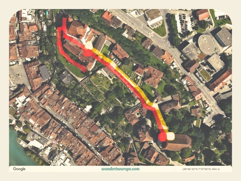 Thun Old Town DIY Walking Tour (with a Map, Route, and Tips) 24 Stadtkirche Thun to Thun Castle (yellow = shortest path; red = stops and routes for castle exploration)