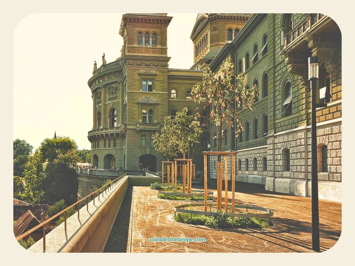 Visiting Bundeshaus In Bern: What To See Inside and Outside 5 Stunning view of Wandehalle's arcades of Bundeshaus from Bundesterrasse in Bern Switzerland