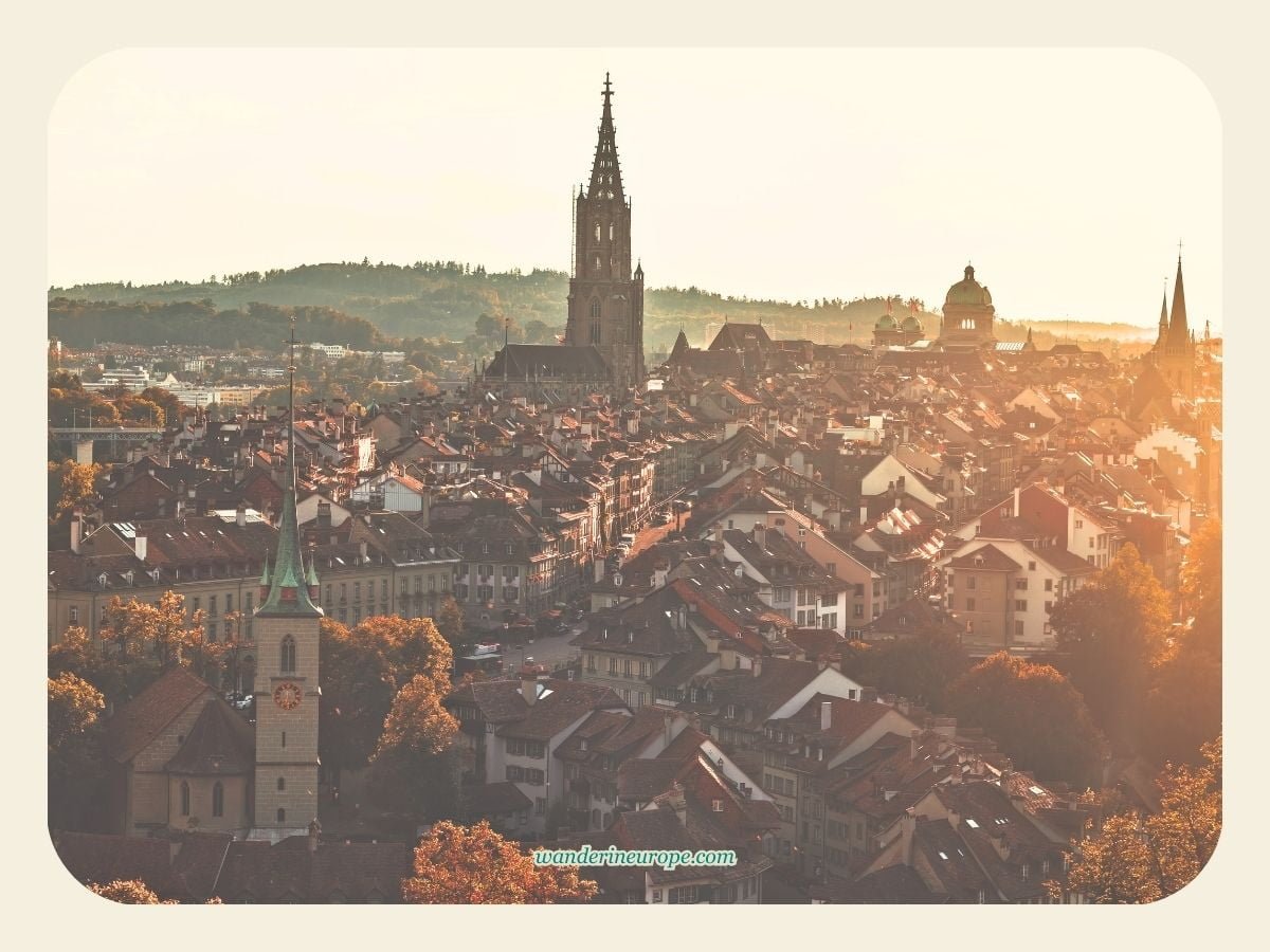 Bern 37 Sunset zoomed-in view of the Old City from the Rose Garden in Bern, Switzerland