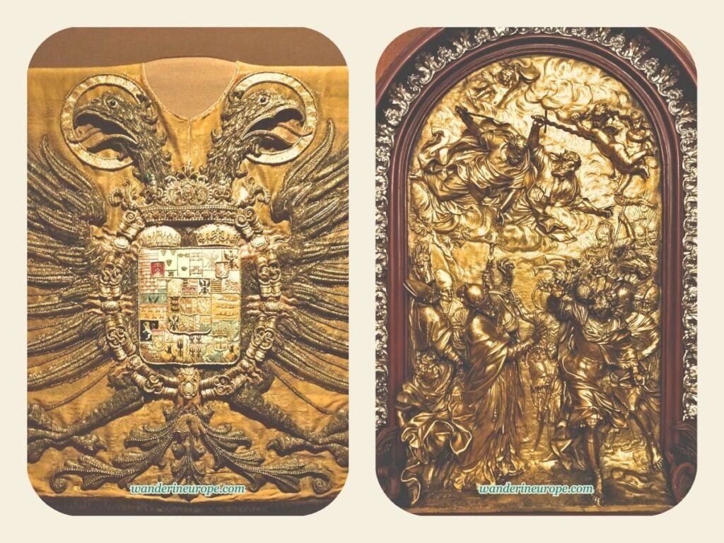The Beautiful Sights and Experiences in Hofburg, Vienna 40 Tabard of the Herald of the Holy Roman Empire and the Golden Tablet inside Imperial Treasury in Hofburg, Vienna, Austria
