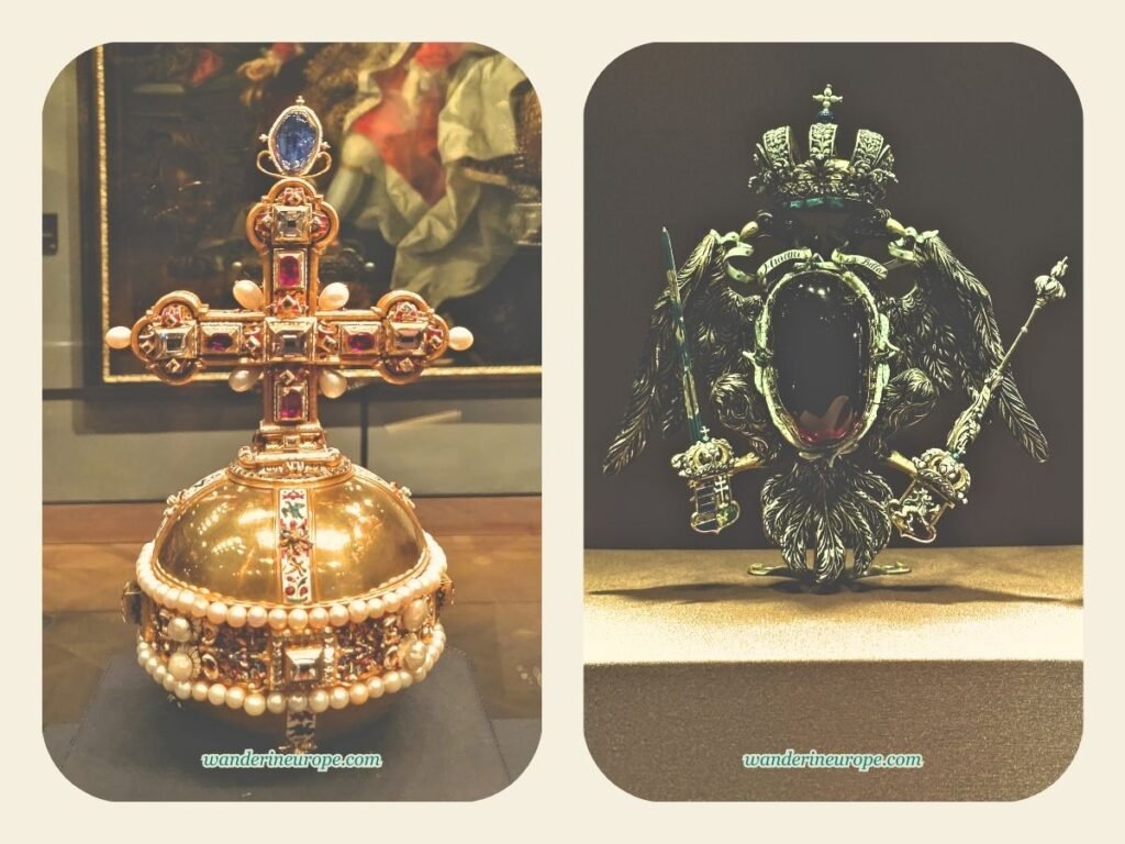 The Beautiful Sights and Experiences in Hofburg, Vienna 41 The Imperial Orb and the Hyazinth _La Bella_ 1687 inside Imperial Treasury in Hofburg, Vienna, Austria