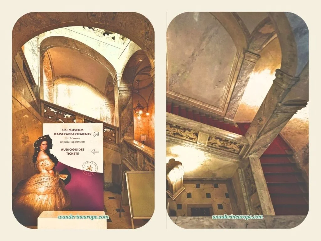 The Beautiful Sights and Experiences in Hofburg, Vienna 17 The emperor's staircase (the entrance to Imperial Apartments and Sisi Museum) inside Hofburg, Vienna, Austria