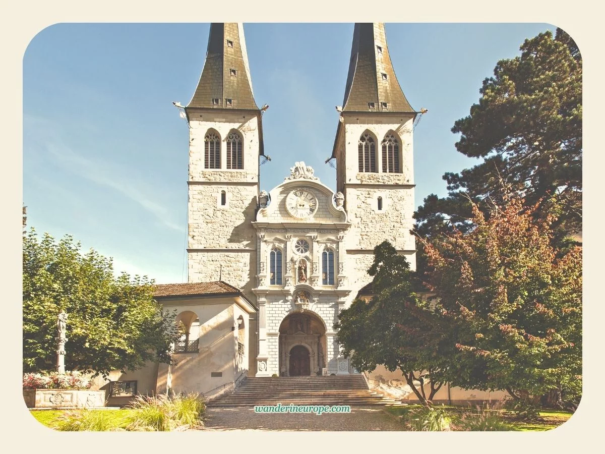 The facade of Hofkirche (Church of Saint Leodegar) in Lucerne, Switzerland