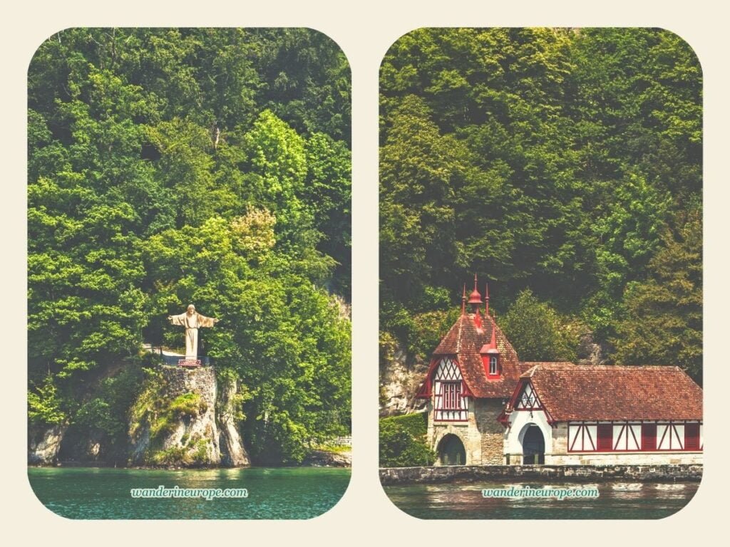 How to Spend 3 Days in Lucerne (Top Attractions + Day Trips) 28 The statue of Christ and the beautiful dock of Meggenhorn Castle from Lake Lucerne, Switzerland