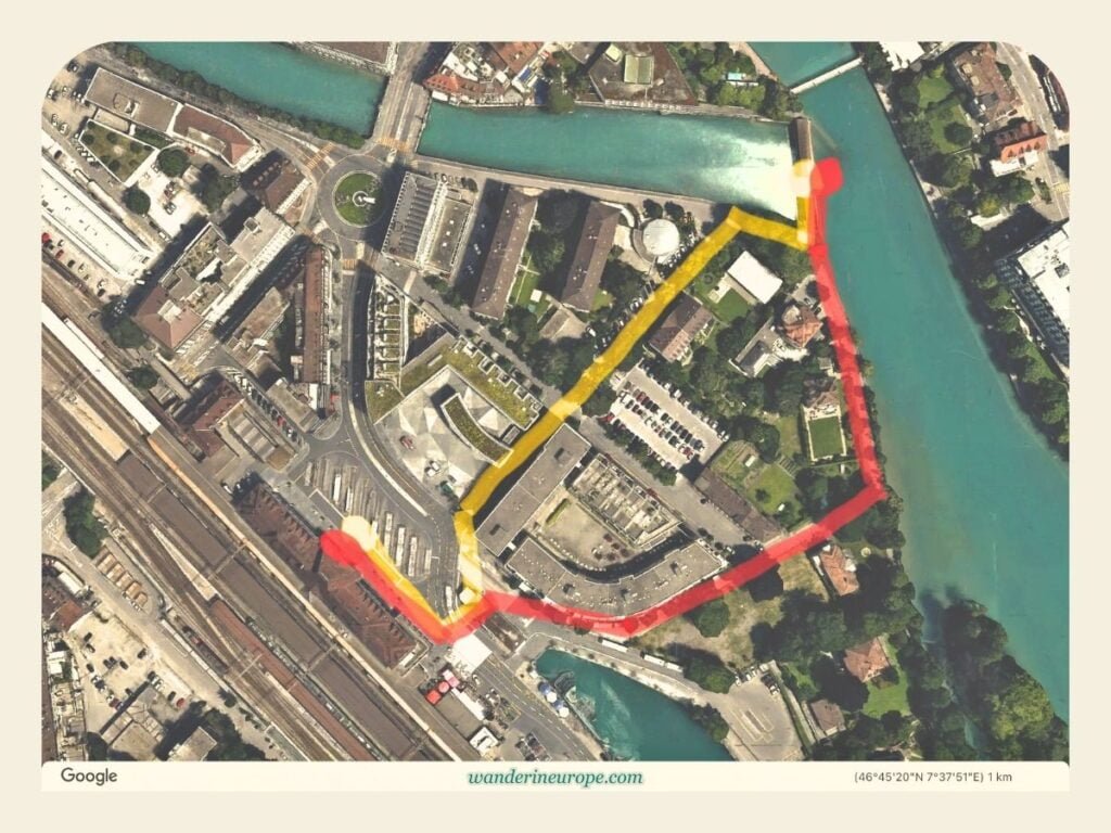 Thun Old Town DIY Walking Tour (with a Map, Route, and Tips) 5 Thun Train Station to Obere Schleuse Brücke (yellow = shortest path, red = scenic route) - Thun Walking Tour, Switzerland