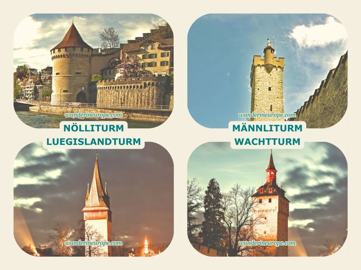 Old Town Lucerne Map (with Info of Attractions & Landmarks) 18 Towers of Musegg Wall in Lucerne, Switzerland